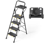 KINGRACK Escabeau 4 Marches avec Plateau à Outils, Escabeau Pliable Large Pédale Antidérapante, Marche Pied avec Mains Courantes, Échelle Domestique pour Maison, Cuisine, Garde-Manger, Placards, Noir