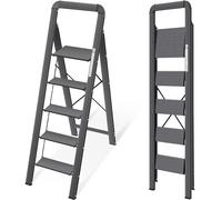 KINGRACK Escabeau 5 Marches Pliable en Aluminium Léger, Marche Pied Pliant avec Pédales Antidérapantes, Main Courante, Échelle pour Maison Cuisine Bureau, Gain de Place, Charge Maximale 150 kg, Noir