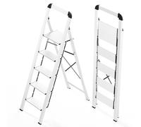 KINGRACK Escabeau 5 Marches Pliable en Aluminium Léger, Marche Pied Pliant avec Pédales Antidérapantes, Main Courante, Échelle pour Maison Cuisine Bureau, Gain de Place, Charge Maximale 150 kg Argenté