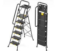 KINGRACK Escabeau 6 marches Pliable Plateau à Outils Mains courantes Noir | Plateau à outils mains courantes bilatérales verrouillage sécurité patins silicone innovant charge 150kg
