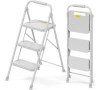 KINGRACK Escabeau à 3 marches Pliable en Acier Gris Clair, Rampe, verrou sécurité, Charge 150 KG, léger pour Maison Cuisine Garage Bureau