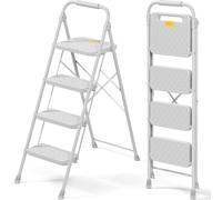 KINGRACK Escabeau à 4 marches Pliable en Acier Gris Clair, Rampe, verrou sécurité, Charge 150 KG, léger pour Maison Cuisine Garage Bureau