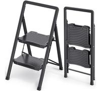 KINGRACK Escabeau Pliable à 2 marches - Marchepied en Acier avec Main Courante, pédale Large, capacité de 150 kg - Échelle Pliable Robuste pour la Maison, la Cuisine - Noir