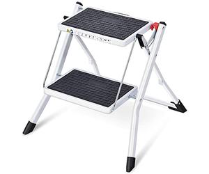 Kingrack Marche Pied Pliable 2 Marches, MarchePied avec Tapis en Caoutchouc Antidérapant, Tabouret de Cuisine léger en Acier, Peut Supporter Jusqu'à 150 kg