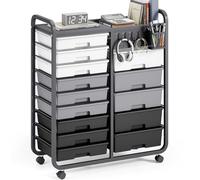 KINGRACK Meuble à roulettes avec 14 tiroirs, plan de travail, tableau perforé, panier suspendu et 4 crochets - Armoire à tiroirs idéale pour les bureaux, les appartements, les écoles, les salles de