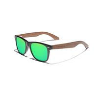 KINGSEVEN Lunettes de Soleil en Bois Polarisées pour Hommes Femmes Rétro Vintage Verres Miroir Cadre en Bois de Noyer W5777 (Vert)