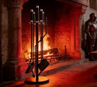 Kingson Ensemble de 5 accessoires de cheminée en fer laqué noir avec poignées en acier inoxydable - Comprend brosse, pelle, tisonnier, pince et support lesté - Brûleur à bois et outils de cheminée