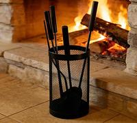 Kingson Ensemble noir de 5 accessoires arrondis pour cheminée comprenant seau, pelle, tisonnier, brosse et pinces, seau de 17 x 35 cm, outils de 51 cm, accessoires pour poêle à bûches