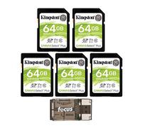 Kingston 64GB SDHC Canvas Select Plus Memory Card (5-Pack) with Focus High Speed Card Reader Bundle (6 Items)