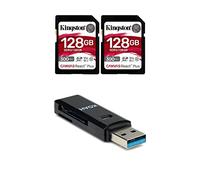 Kingston Canvas React Plus Lot de 2 cartes SD U3 V90 SDXC UHS-II 128 Go et lecteur de cartes m moire USB 3.0 2 en 1