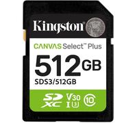 Kingston Cartes mémoire SD Canvas Select Plus 512Go SDXC Gen3 150MB/s C10 UHS-I U3 V30-SDS3/512GB