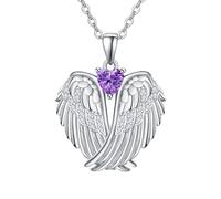 KINGWHYTE Collier ange gardien en argent sterling avec pendentif en forme d'ailes d'ange avec cœur en zircon, 21 mm x 22 mm, 18 inches + 2 inches, Argent sterling, Zircon