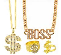KingYH 4 Pièces Kit de Costume Hip Hop Années 80/90 Accessoires de Déguisement Hip Hop avec BOSS Gold Necklaces Chaîne de Signe Dollar Bague Dollar pour Hommes Femmes Soirées Concerts Rap Halloween