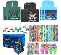 KingYH 99 pièces de Jeu Vidéo Anniversaire Cadeau pour enfants de 6 7 8 9 et 10 ans avec sacs de fête Tampons Porte-clés Autocollants bracelets à pression et nappe de jeu vidéo