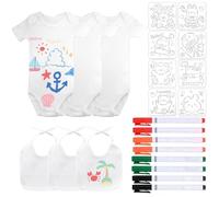 KingYH Bavoir Bebe à Peindre Blanc Bavoir à Colorier et Body à Manches Courtes avec Stylos Textiles de Couleur et 8 Pochoirs de Peinture Cadeau pour Babyshower Fête Pré (22, Blanc, 6Mois)