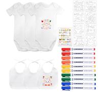 KingYH Bavoir Bebe à Peindre Blanc Bavoir à Colorier et Body à Manches Courtes avec Stylos Textiles de Couleur et 8 Pochoirs de Peinture Cadeau pour Babyshower Fête Pré (24, Blanc, 12Mois)