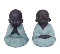 Kingzhuo Lot de 2 petites statues de Bouddha en céramique - Figurine créative de moine pour bébé - Artisanat - Cadeau classique et délicat - Accessoires de thé - Petit cadeau adorable (vert)