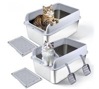KinHaven Lot de 2 bacs à litière XL en acier inoxydable pour chat - 60 x 40 x 30 cm - Extra large, anti-fuite, anti-adhésif, facile à nettoyer, anti-rayures, avec pelle en plastique et tapis à litière