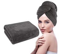 KinHwa Grande Serviette Séchage Cheveux Microfibre Doux,61cm x 112cm,Grande Serviette de Bain Super Absorbent Turban Soin Cheveux Séche Rapidement Gris foncé 1 Pack