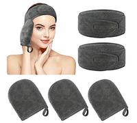 Kinhwa lingette demaquillage lavable bandeau cheveux femme maquillage microfibre, gant visage Réutilisable,serviette Soin Visage Set de 3 Gant et 2 Bandeau Gris Foncé
