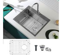 KINKIB Évier de cuisine encastrable de 61 cm à cuve simple, évier de cuisine à montage supérieur avec grille inférieure de protection, évier de bar de cuisine en acier inoxydable 304 fait à la main