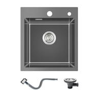 KINKIBOS Évier de cuisine en acier inoxydable Noir-Gris - 40 x 45 cm - Petit évier de cuisine encastrable avec trou pour robinet et trop-plein (sans siphon) - 1 bac rectangulaire