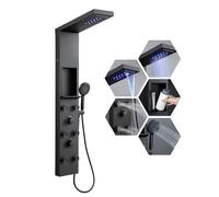 KINKIBOS Panneau de douche avec robinetterie et étagère LED noir mat, 4 modes, colonne de douche pluie et douche cascade, 6 jets de massage réglables à grand angle, douchette, colonne de douche en
