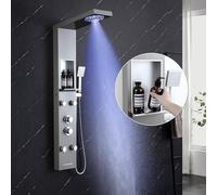 KINKIBOS Tour de douche avec mitigeur et étagère, colonne de douche à 5 modes, douche pluie et brume, 4 jets de massage réglables grand angle, combiné et bec de baignoire cascade, acier inoxydable