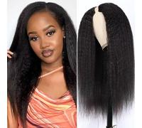 Kinky Straight Human Hair V Part Wig - Brazilian Yaki No Leave Out for Beginners With 150% Density - Easy to Wear U Part Hair Friendly Wig 16 Inch