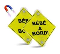 Kinoco Lot de 2 Panneaux 'Bébé à Bord' pour Voiture, 12,5 cm, Double Ventouses et Aimants, Matériaux réfléchissants, Jaune