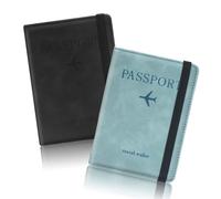 kinoco Lot de 2 porte-passeports bloquant la RFID - Organiseur de documents de voyage en cuir synthétique avec emplacements pour cartes | Accessoires de voyage pour homme et femme | Ensemble noir et