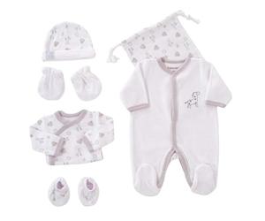 KINOUSSES - Kit Naissance 6 Pièces - 1 mois - Velours Blanc - Motif Girafe - (Pyjama, Body, Bonnet, Moufles, Chaussons et Pochon de Rangement) - Cadeau Bébé Mixte Garçon et Fille