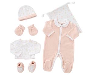 Kinousses Kit Naissance Bébé 6 Pièces - Ensemble Maternité Unisexe Motif Arc en Cie - Pyjama, Body, Bonnet, Chaussons, Moufles et Sac - Coton Rose et Blanc - Cadeau Bébé Fille - 1 Mois