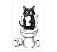 Kinretixia art mural de salle de bain pour chat sur toile, peinture murale d'animal amusant en noir et blanc, chat mignon sur les toilettes avec un rouleau de papier toilette, sans cadre - 20 X 30