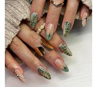 Kinretixia French Press Ongles avec pendentifs, ongles artificiels de taille moyenne, vert French, Press Ons, 3D avec ligne courbe, longs carrés en acrylique