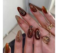 Kinretixia Lot de 24 faux ongles en forme d'amande à pression - Longueur moyenne - Ailes de papillon - Design nervuré - Couverture complète - Pour femme