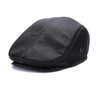 KINROCO Casquette Plate en Cuir Véritable avec Protège-Oreilles Casquette Classique Cuir de Vachette Casquettes de Béret Hommes Automne Hiver(Size:55-56cm/21.7-22.0in,Color:Noir)
