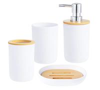 Kinsinder 4 Pcs Ensemble d'accessoires de Salle de Bain en Bambou, Ensemble d'accessoires de Salle de Bain, Bouteilles de Lotion, Porte-Brosse à Dents, Tasse à Dents, Porte-Savon (Blanc)