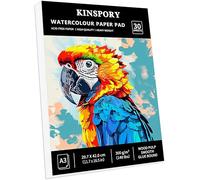 KINSPORY Bloc de Papier Aquarelle A3, 30 Feuilles, 300g/m² - 42 x 29,7 cm, Carnet de Papier Aquarelle, Relié par Collage, Blanc Naturel pour Aquarelle, Esquisses et Techniques Mixtes