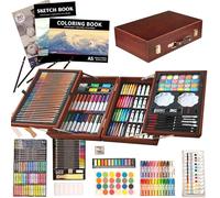 KINSPORY Mallette dessin Enfant, 139 pièces coloriage kit dessin Enfant, Art Set, Mallette de Coloriage avec boîte en bois (Brun)