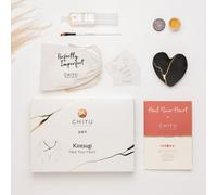 Kintsugi Kit de réparation - Guéris ton cœur - Colle dorée - Cœur en céramique inclus - Boîte cadeau - Charbon de bois