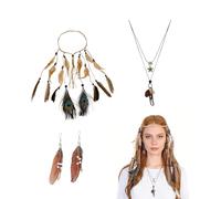 Kinwers Bandeau Bohème Chic à Plumes - Coiffe Indienne Tribal pour Femme - Déguisement Hippie Festival - Serre-Tête Ethnique 3 Pièces - Style Voyage et Fête
