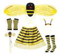 Kinwers Deguisement Abeille Enfant,6 Pièces Deguisement Fille 3 ans Contiene Falda Rayée/Ailes/Serre-Tête/Bas/Varita mágica/Guantes,deguisement carnaval enfant Adecuado 2/3/4/5/6 ans Fille.