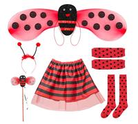 Kinwers Deguisement Coccinelle Enfant,6 Pièces Déguisement Miraculous Contiene Falda/Ailes/Serre-Tête/Bas/Varita mágica/Guantes,Deguisement Ladybug Enfant 2/3/4/5/6 Ans Carnaval Fille.