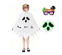Kinwers Deguisement Fantome Enfant,Cape Blanche Peur Halloween Costume Lunettes Lumineuses Garcon Fille ans S110-120cm