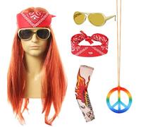 Kinwers Deguisement Hippie,5 Piezas Deguisement Adulte Perruque/Lunettes/Collier/foulard/Gants Deguisement disco Homme,Annees 70/80 Deguisement Carnaval Homme