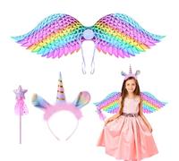 Kinwers Deguisement Licorne Fille,3 Pièces Serre Tete Licorne,Baguette Magique,Aile,Halloween Noël Carnaval Cosplay 3/4/5/6 Ans Fille