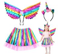 Kinwers Deguisement Licorne Fille,3 Pièces Serre Tete Licorne,Jupe Arc-en-Ciel,Aile,Halloween Noël Carnaval Cosplay 3/4/5/6 Ans Fille