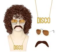 Kinwers Perruque Homme,4 Pièces Perruque Disco Lunettes/Collier/Barbe Perruque Homme Annee 80,Blonde Perruque Mulet Deguisement Carnaval Homme.