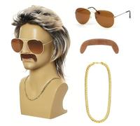 Kinwers Perruque Homme,4 Pièces Perruque Disco Lunettes/Collier/Barbe Perruque Homme Annee 80, Perruque Mulet Deguisement Carnaval Homme.